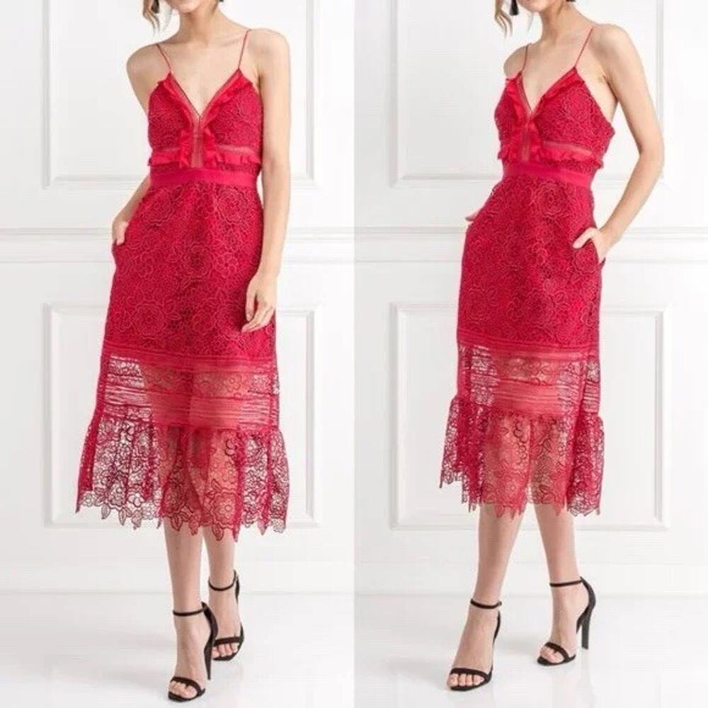 SELF PORTRAIT Floral Blush Lace Guipure Midi Dress in Raspberry Red Size 6